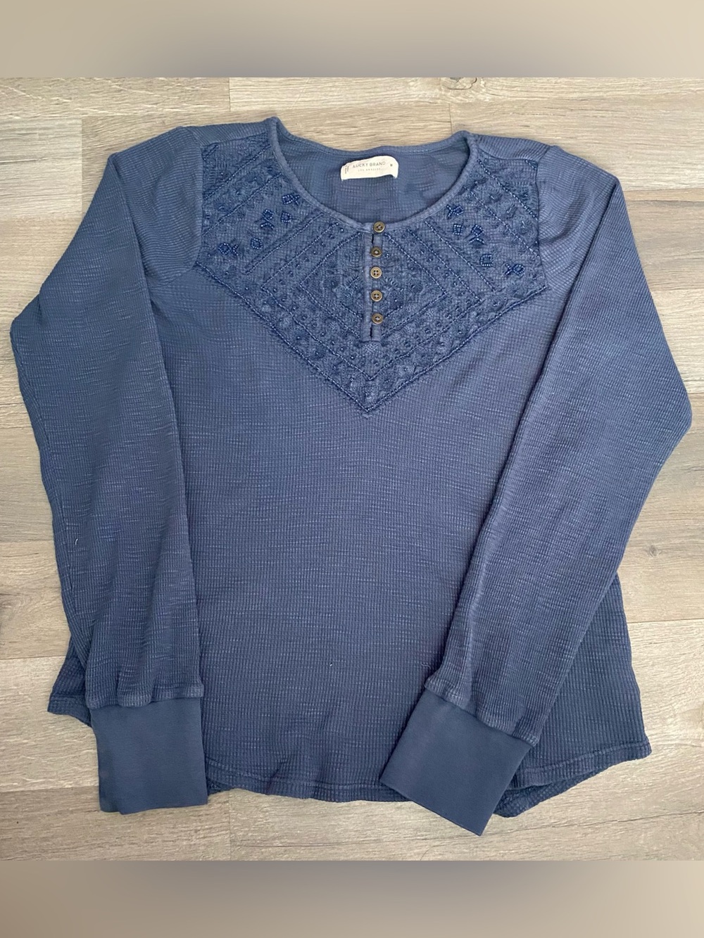 Lucky Brand Blue Waffle Knit Thermal Henley Top Long Sleeve Beaded Embroidery